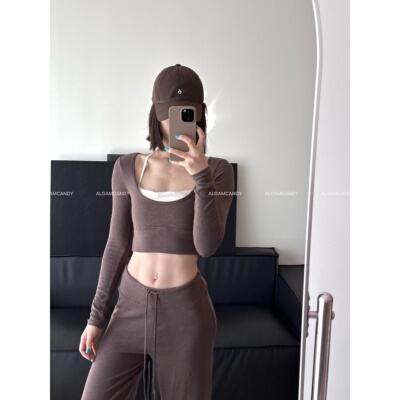 ALGAM CANDY 奶油幕斯假两件撞色瑜伽服长袖 固定杯垫 健身服上衣