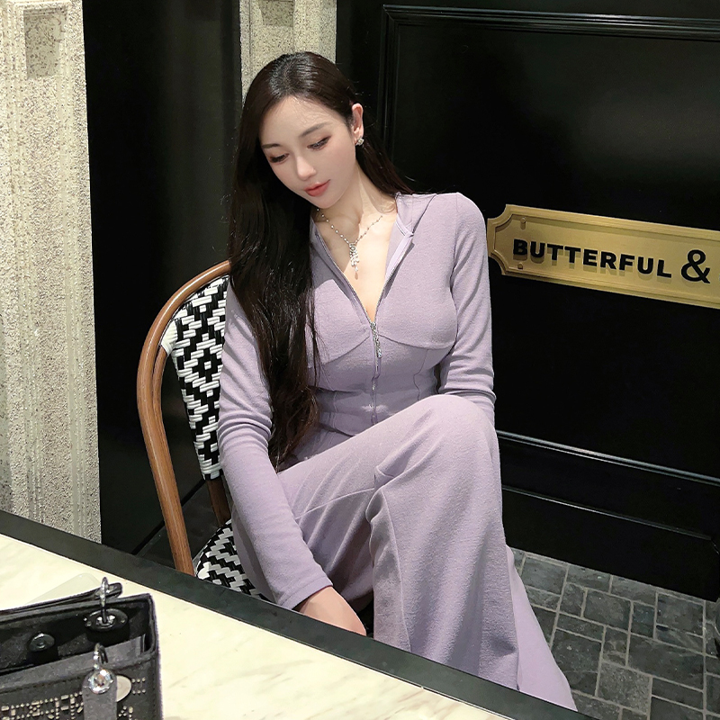 王玖玖纯色毛巾料连帽开衫收腰显瘦+休闲高腰直筒长裤套装女