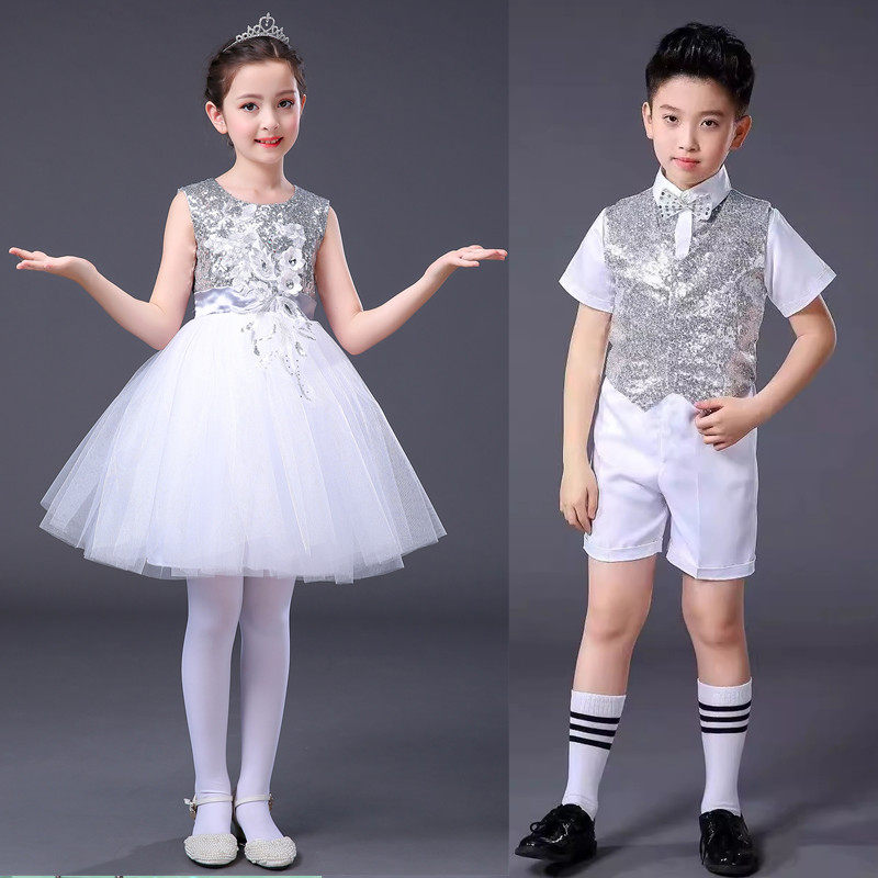 银色儿童演出服短款六一儿童节舞蹈表演服小学生诗歌朗诵合唱礼服