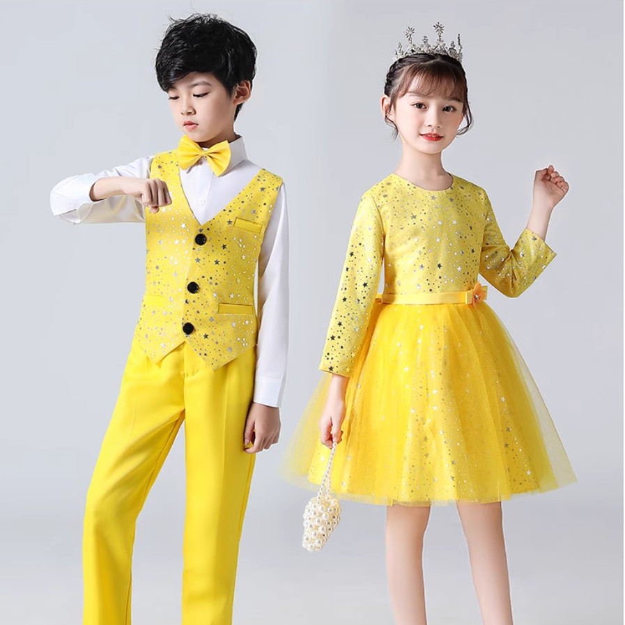 元旦儿童演出服男女童黄色亮片合唱服小学生舞蹈表演服装蓬蓬纱裙
