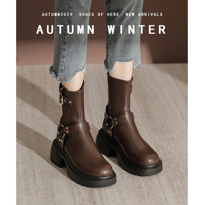 新款真皮复古西部牛仔短靴