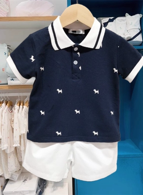 韩版童装26年夏季新款男宝宝短袖POLO衫T恤白短裤两件套装翻领151