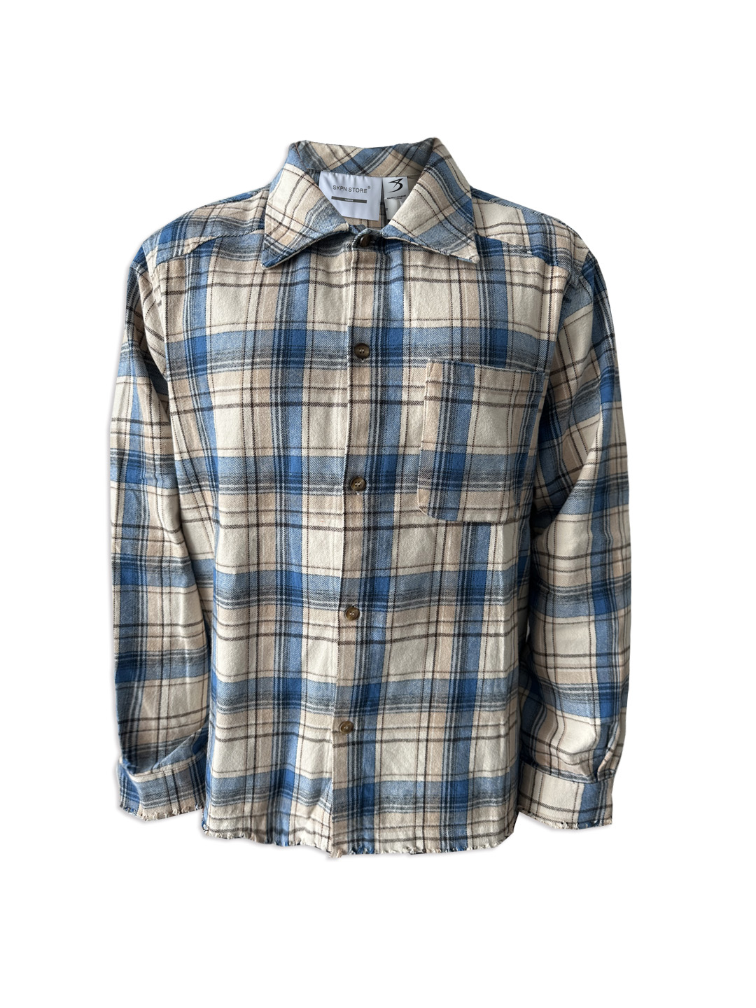 SKPN秋季水洗全棉手工破坏格子流苏cleanfit休闲做旧衬衫