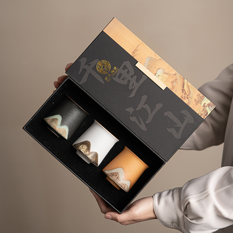 手绘山水画茶杯三色功夫茶杯主人杯中国风千里江山文创伴手礼盒装