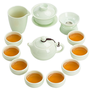 翡翠玉功夫茶具套装羊脂玉瓷三才盖碗加青瓷泡茶壶茶杯大套礼盒装