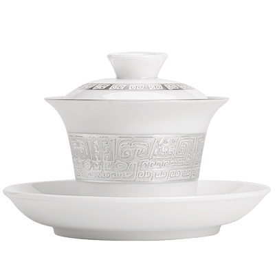 苏氏陶瓷鎏银饕餮三才盖碗非遗大师郑文强功夫茶具泡茶碗160ml