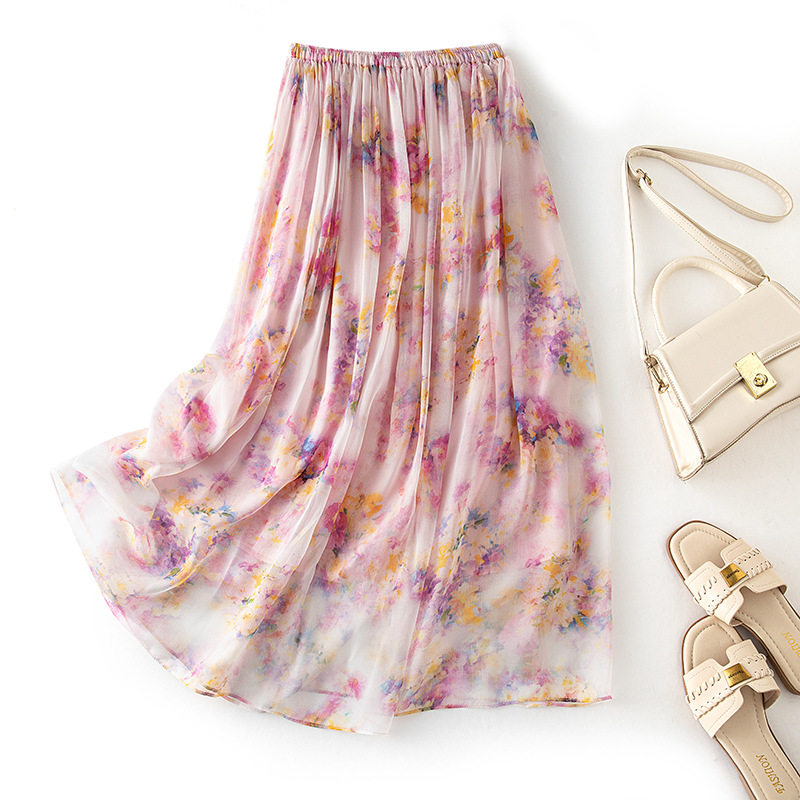 女夏季真丝粉色碎花优雅气质甜美减龄高腰显瘦半身裙桑蚕丝大摆裙