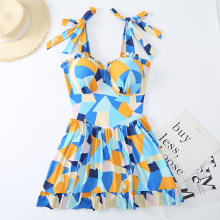 E杯钢托聚拢显瘦平角泡温泉休闲泳装 汐姿澜裙式 连体泳衣女大胸D