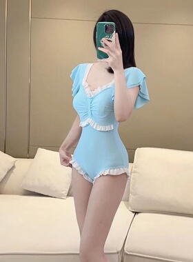 汐姿澜泳衣女连体三角比基尼CDEF显瘦钢托聚拢飞袖荷叶边大胸泳装