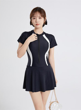 汐姿澜裙式连体泳衣B/C/D/E大胸钢托显瘦遮肚学生运动平角游泳衣