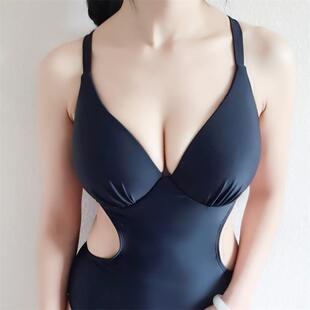 连体泳衣女三角深V性感露背大胸钢托聚拢显瘦D E杯温泉黑色游泳衣
