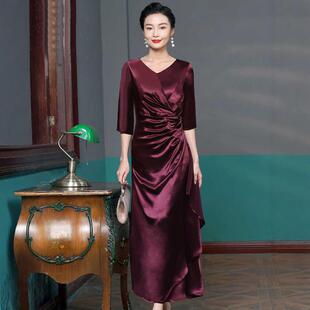 V领高档醋酸喜婆婆婚宴装 礼服女 新款 妈妈结婚喜服连衣裙2024夏季