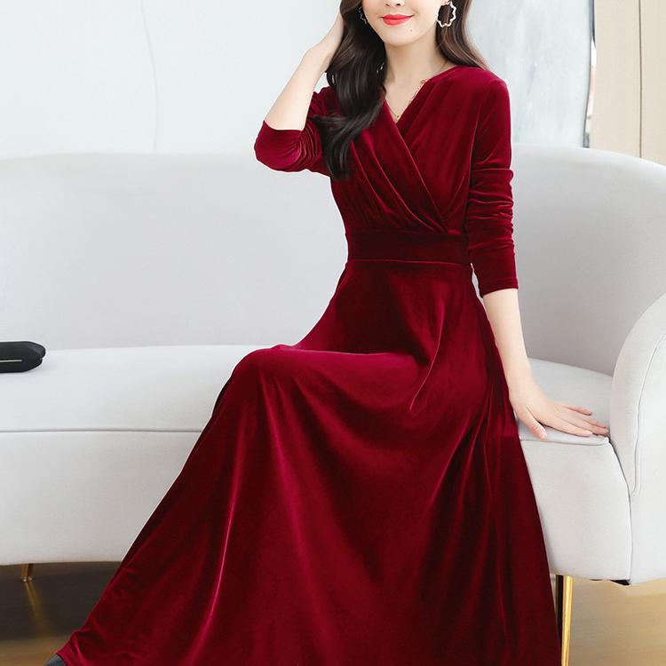 金丝绒连衣裙女春夏秋冬新款长袖V领长裙修身旗袍裙大摆裙到脚踝