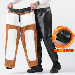 皮裤男加绒加厚防寒保暖束脚皮裤骑行工作裤耐磨高腰宽松冬季软皮