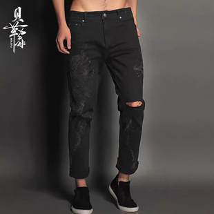 铅笔裤 贝勒府龙纹刺绣牛仔修身 休闲瘦腿裤 男水洗做旧男士 潮 小脚裤