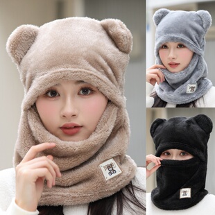 新款帽子围脖面罩一体多用骑车防寒加绒头盔帽卫衣帽护耳包头帽子