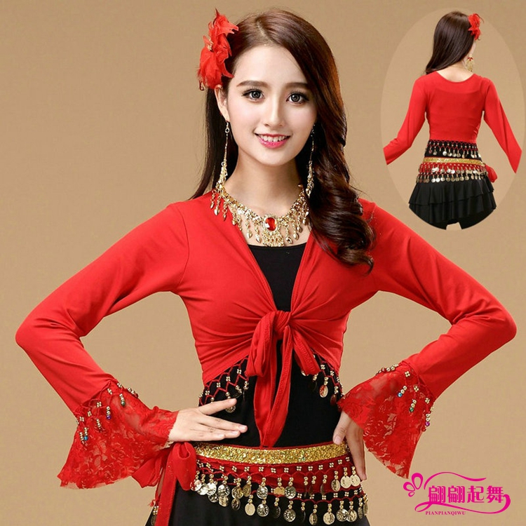 广场舞服装新款练习服喇叭袖民族风舞蹈服演出服披肩跳舞上衣长袖