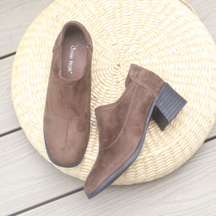 方头中跟不累脚一脚蹬厚底 2025秋新款 粗跟深口单鞋 弹力绒面女鞋