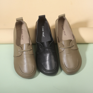 2025春新款软底软皮平跟单鞋休闲系带平底鞋舒适小皮鞋圆头真皮