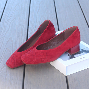 中跟不累脚日常可穿红色婚鞋粗跟浅口单鞋软皮软底方头磨砂皮编织