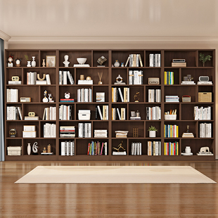 实木书架置物架落地收纳家用书柜储物柜一体整墙到顶图书馆格子柜