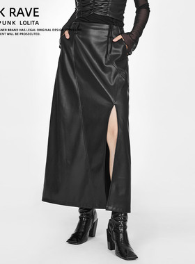 PUNKRAVE朋克风开叉半身裙皮裙冬季高腰A摆显瘦中长款包臀裙加绒