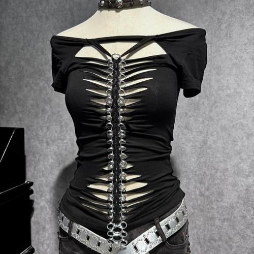 后背镂空上衣女低胸辣妹朋克T恤