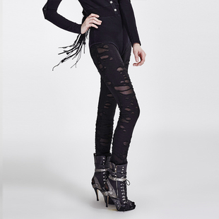 暗黑穿搭 女弹力长裤 哥特破洞打底裤 烧破蒸汽朋克可拆卸腰包紧身裤