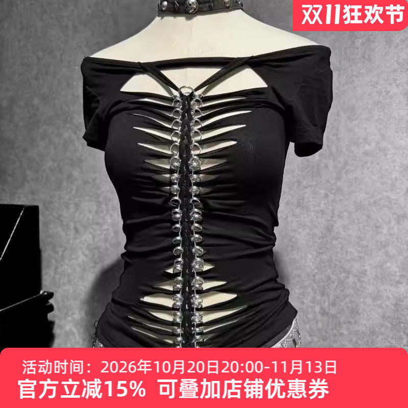 后背镂空上衣女低胸辣妹朋克T恤