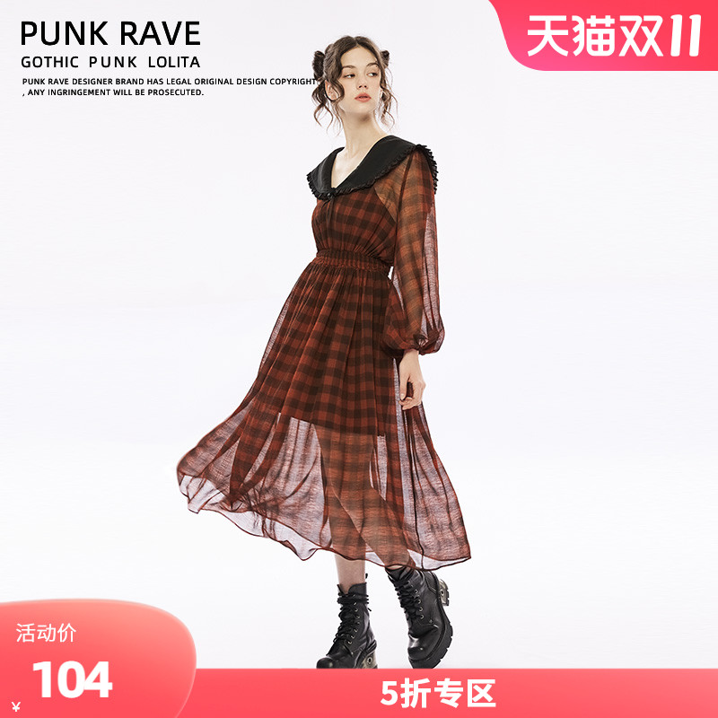 2023夏季新款朋克复古格子雪纺长袖连衣裙女薄长款宽松显瘦裙子