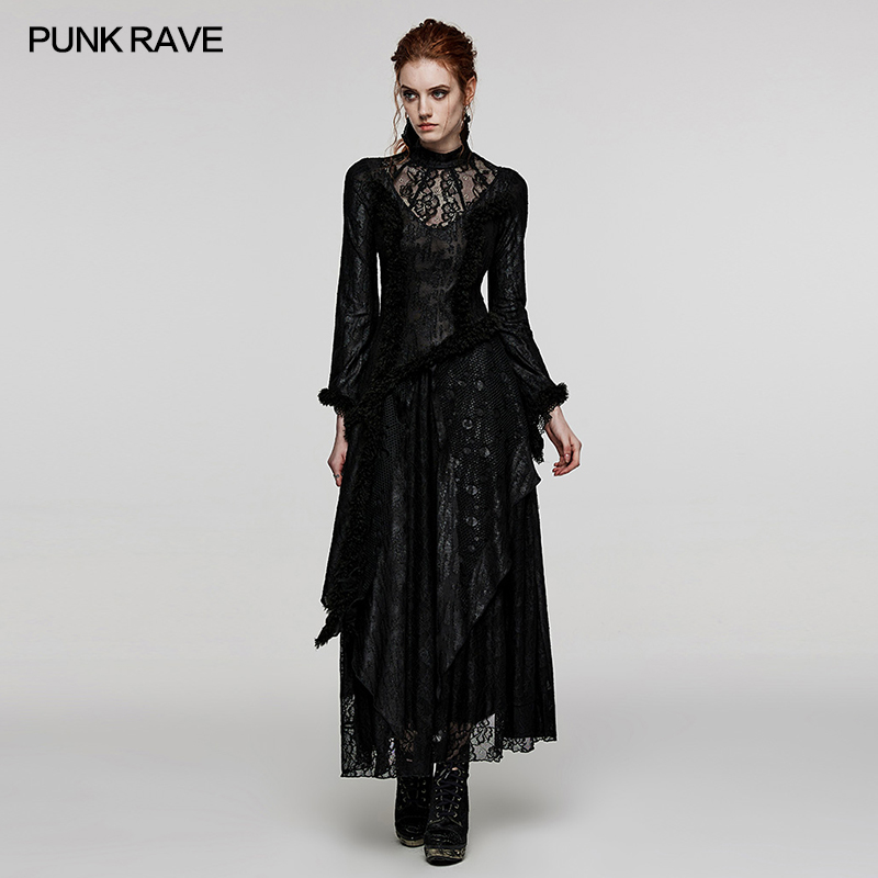 哥特风蕾丝拼接长袖连衣裙