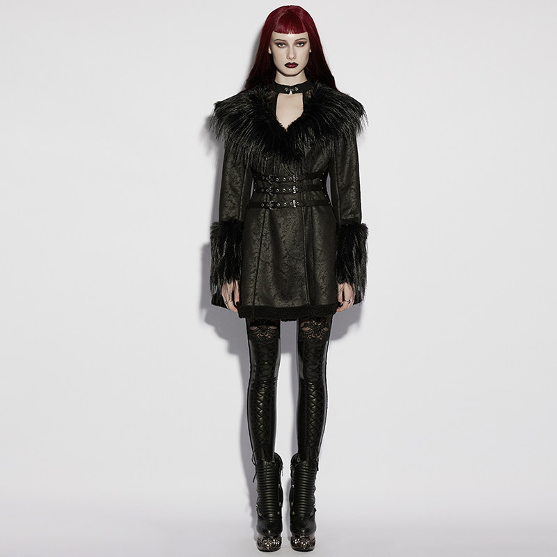哥特风复古翻领外套女2025冬季新款拼接亮皮显瘦毛绒大衣中长款潮