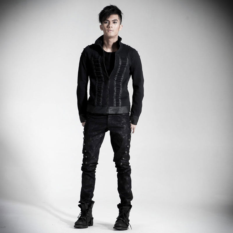 暗黑系男士束脚裤朋克摇滚风金属装饰皮裤两侧撞钉牛仔裤修身长裤