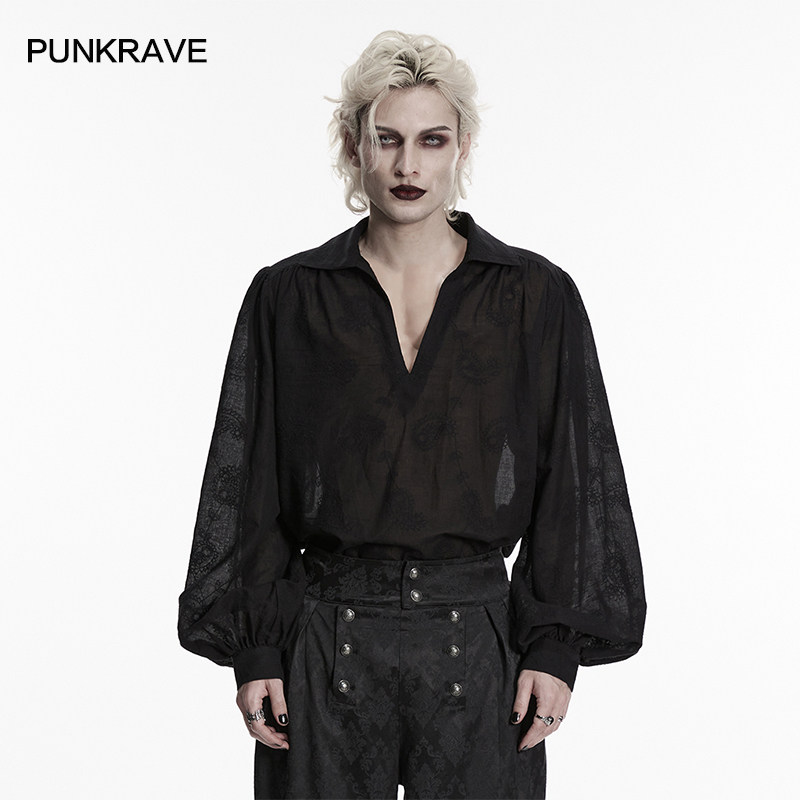 PUNKRAVE男V领灯笼袖暗黑衬衫