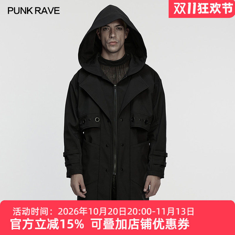 朋克风翻领休闲连帽风衣外套男