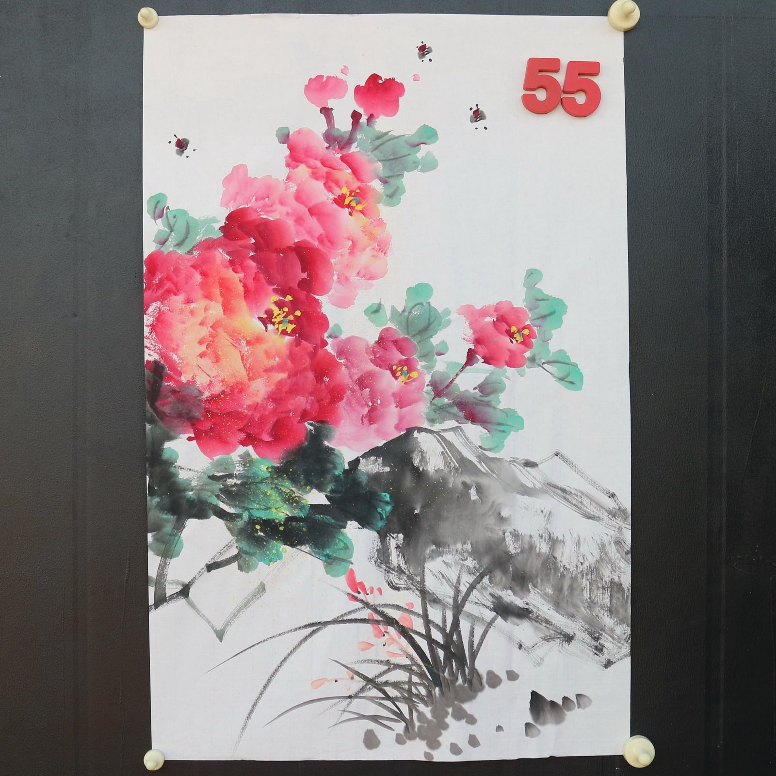 特价手绘无款四尺三开竖幅牡丹花鸟国画家居装饰字画RX5120155