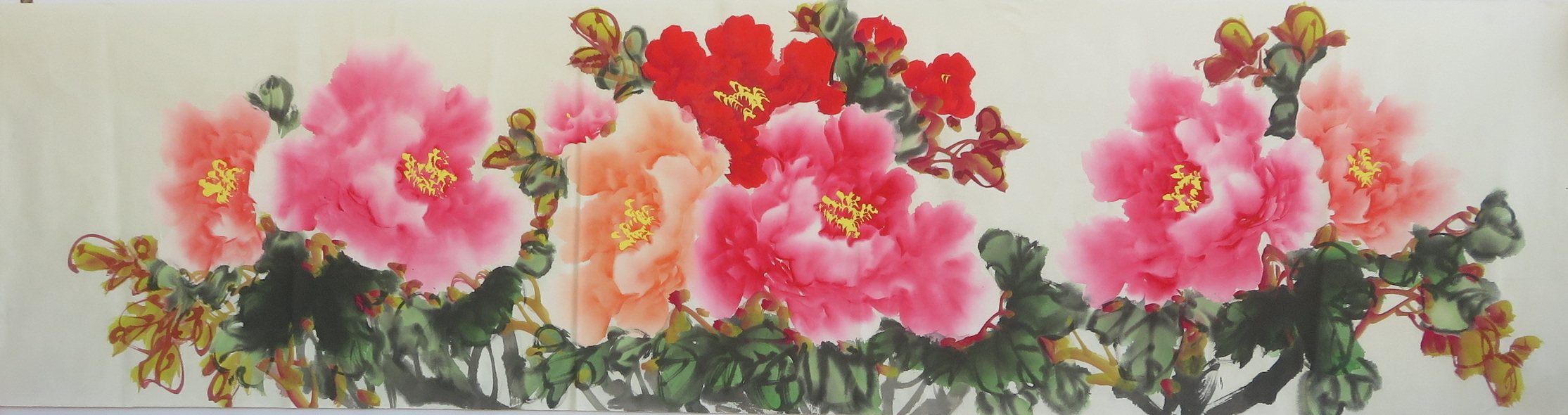 特价处理旧国画四尺对开牡丹手绘无款横幅花鸟装饰画rc70707114