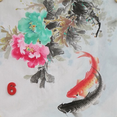 手绘无款三尺斗方牡丹花鸟鱼富贵有余客厅装饰家居国画RM653106