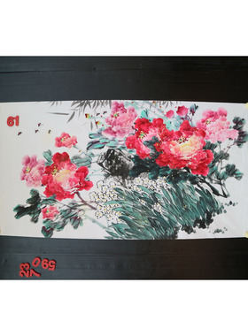 手绘写意无款四尺横幅牡丹紫藤国画富贵满堂客厅玄关装饰RF662361