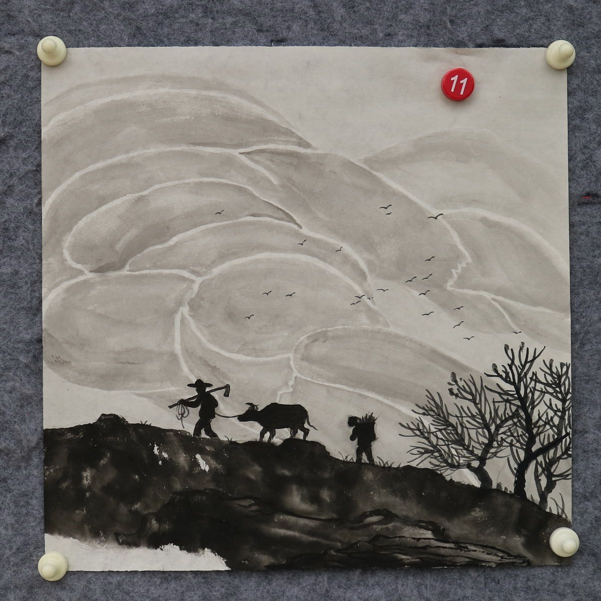 特价手绘水墨无款宣纸原稿国画四尺八开小品故乡情田园山水RC5611