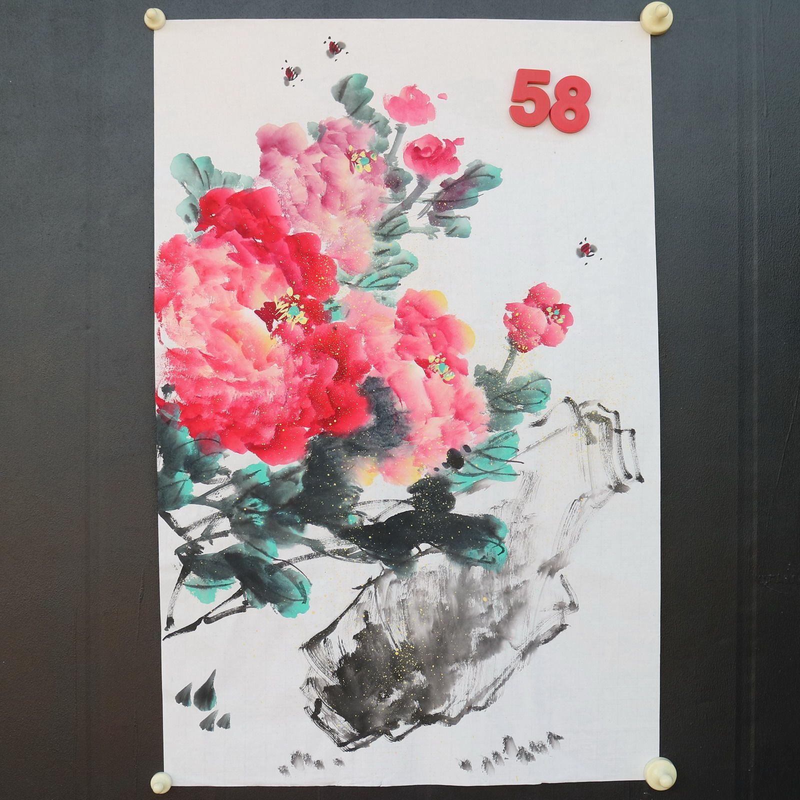 特价手绘无款四尺三开竖幅牡丹花鸟国画家居装饰字画RX5120158