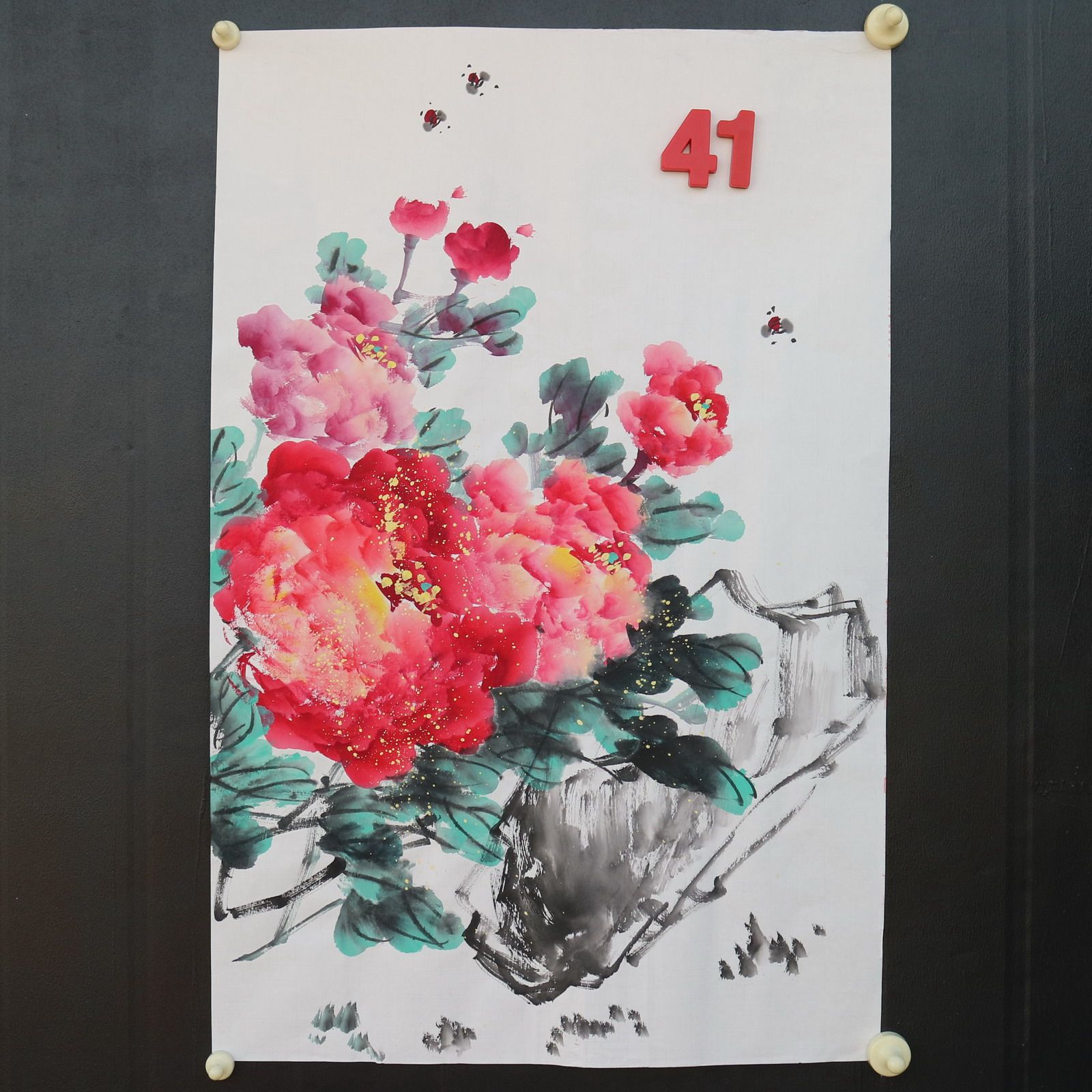 特价手绘无款四尺三开竖幅牡丹花鸟国画家居装饰字画RX5120141