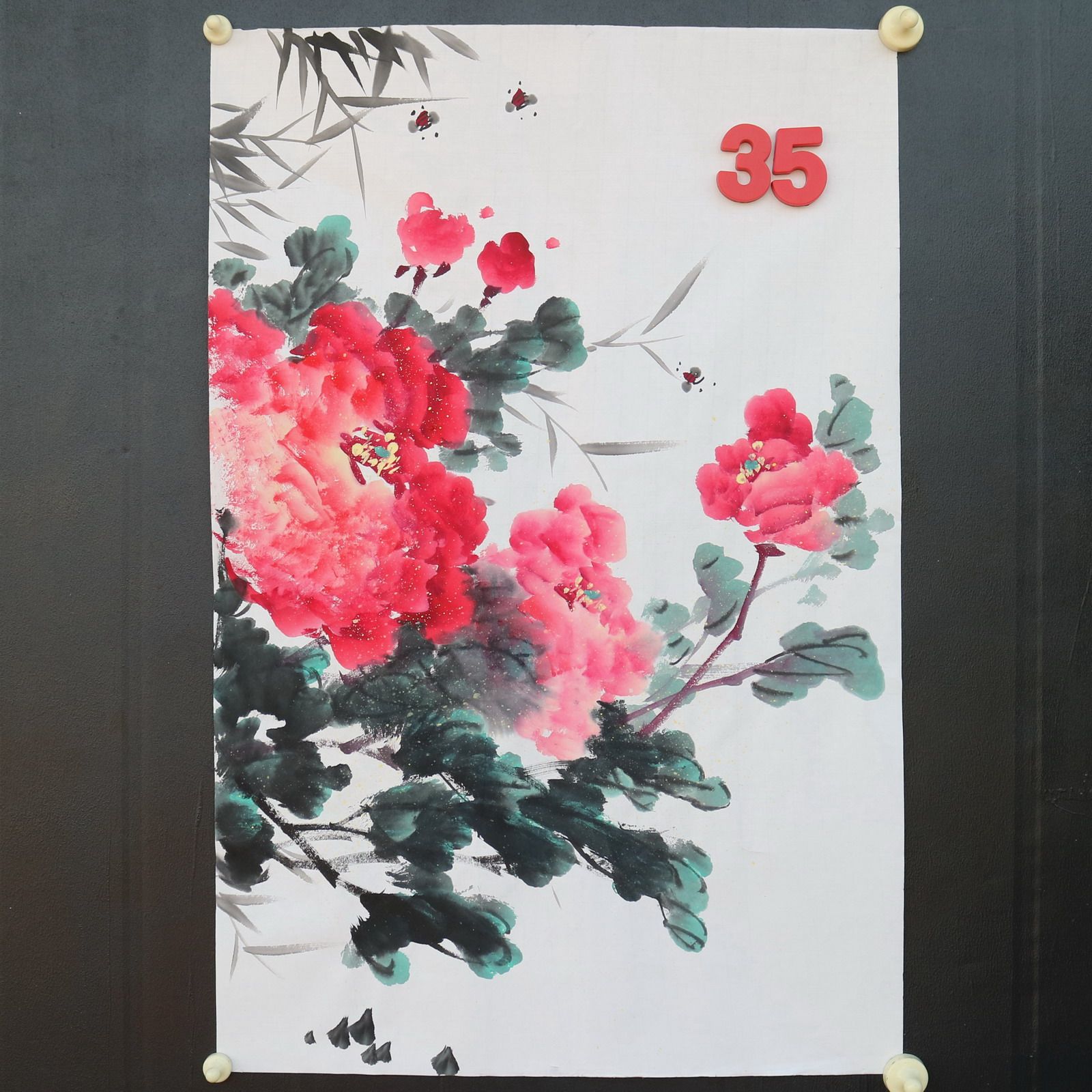 特价手绘无款四尺三开竖幅牡丹花鸟国画家居装饰字画RX5120135