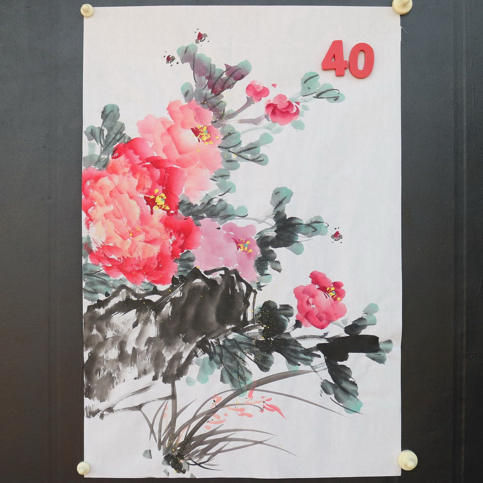 特价手绘无款四尺三开竖幅牡丹花鸟国画家居装饰字画RX5120140