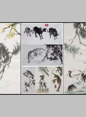 手绘无款动物花鸟走兽国画梅花牡丹荷花水墨客厅玄关装饰画R43