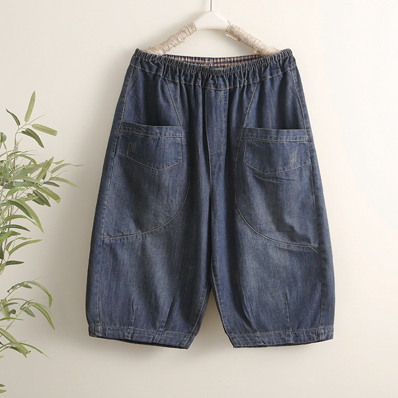 复古水洗做旧大口袋五分牛仔裤女大码宽松遮肉显瘦中裤阔腿哈伦裤