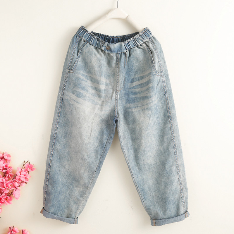 夏季复古水洗磨白宽松大码薄款牛仔七分裤女韩版百搭高腰哈伦裤潮