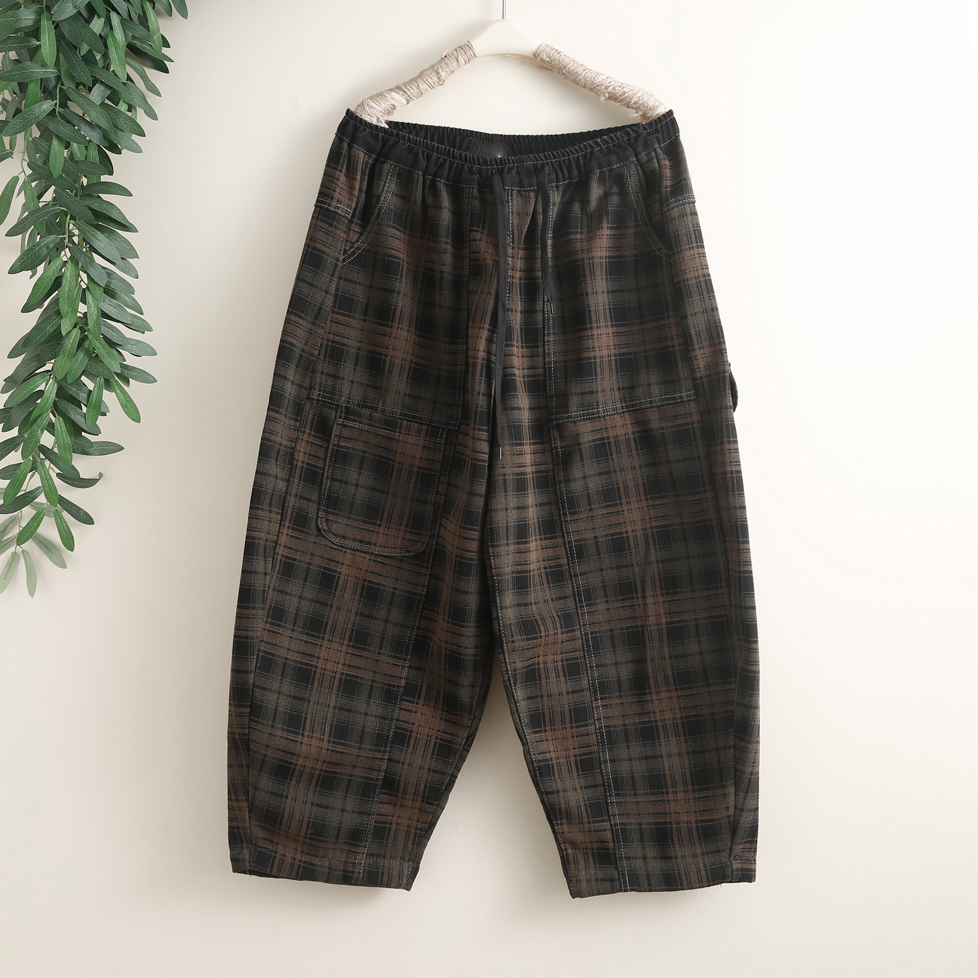 时尚格纹加绒加厚牛仔裤女士冬季大码宽松洋气保暖垮裤阔腿哈伦裤