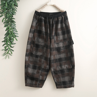 宽松保暖哈伦老爹裤 大码 女士冬季 潮流撞色格子拼接加绒加厚牛仔裤