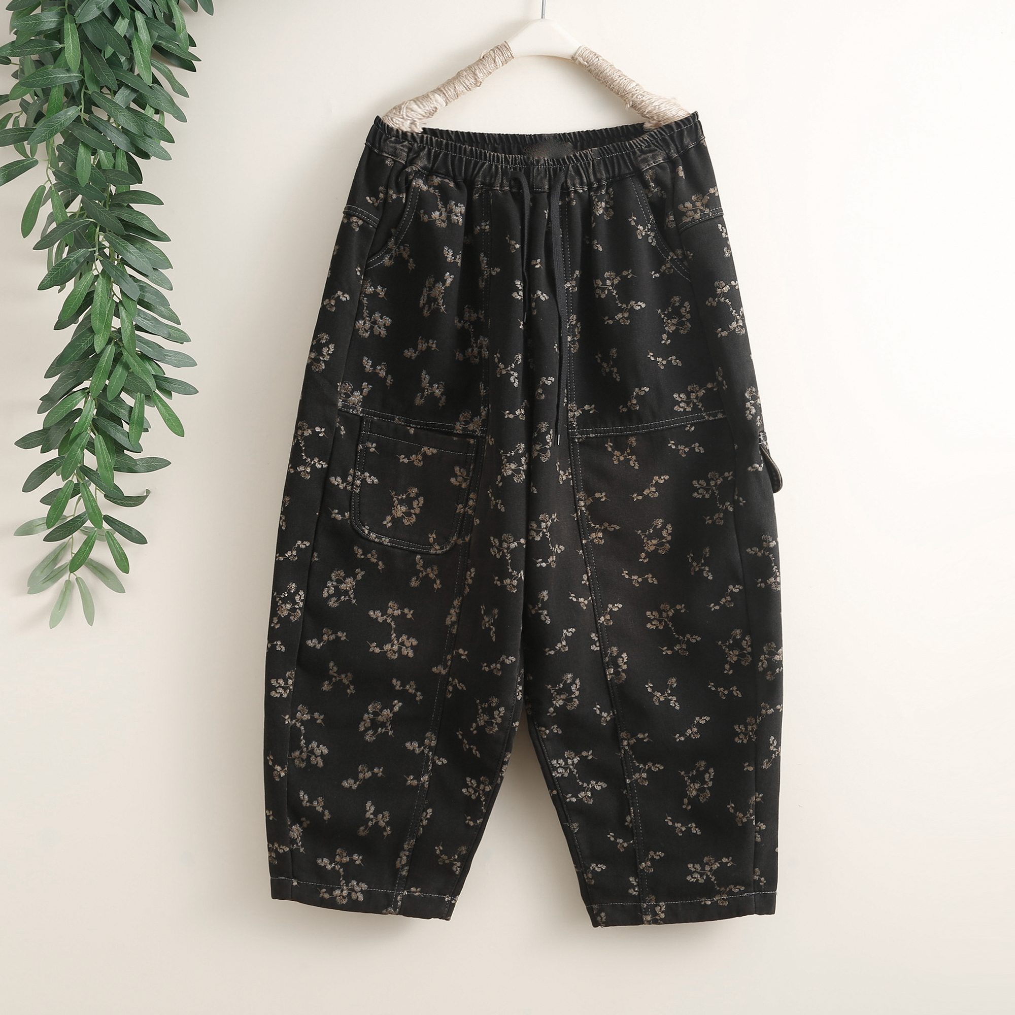 民族风复古印花加绒加厚牛仔裤女冬季大码宽松保暖垮裤阔腿哈伦裤